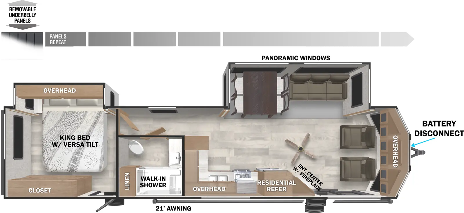 The Salem Villa 353FLFB has two entries and two slide outs. Exterior features include: metal or fiberglass exterior and 21' awning. Interiors features include: rear bedroom and front living.